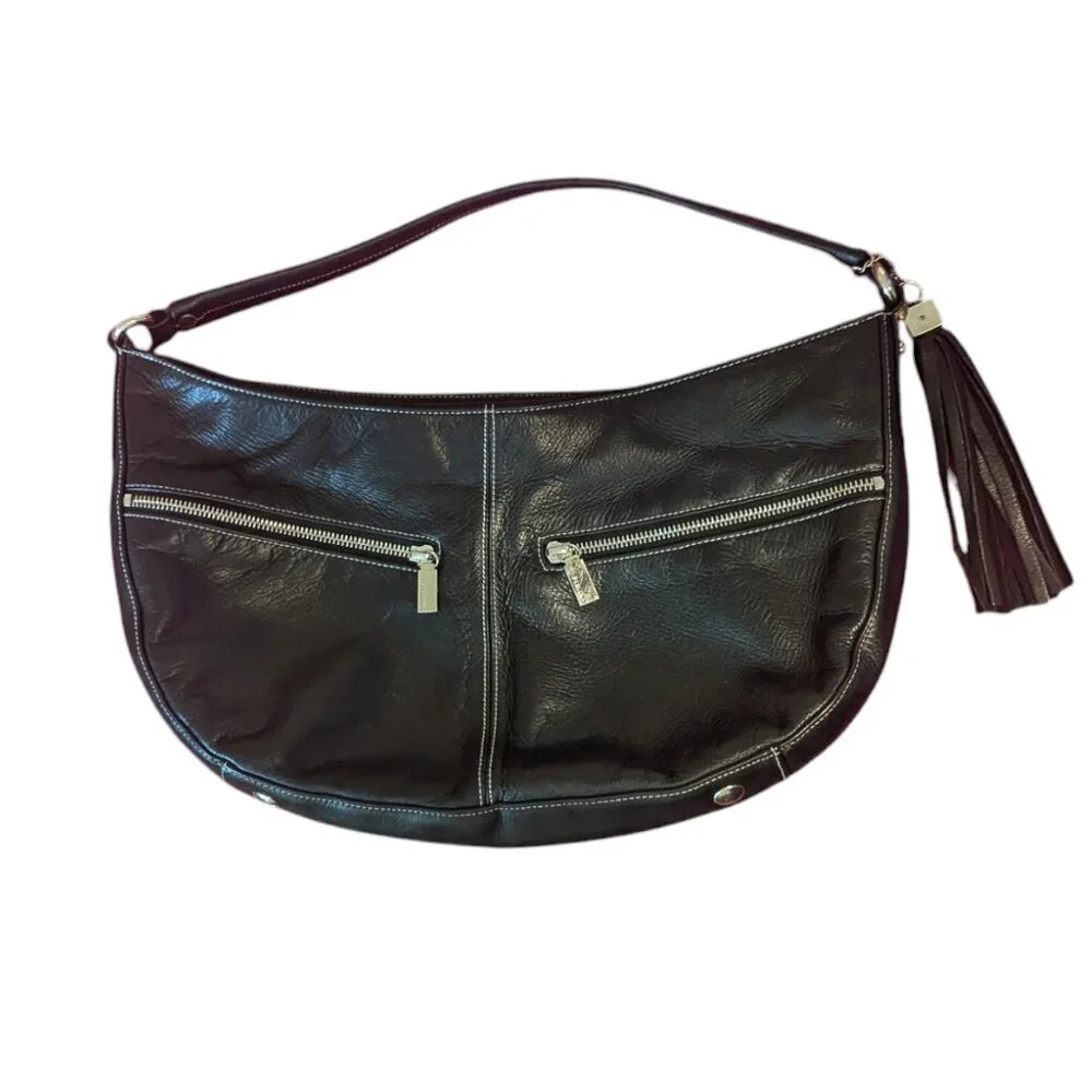 Y2K Perlina Bag Leather Hobo Shoulder‎ Crescent Baguette Tassel Silver Hardware